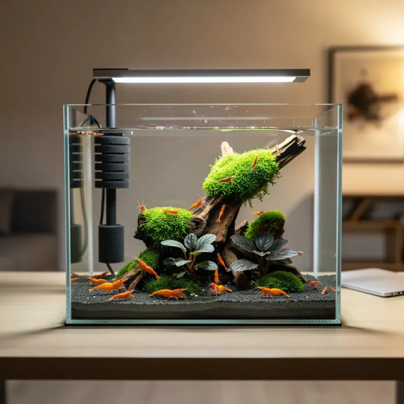 Minimalistisches 20-Liter Nano-Cube als perfektes Einsteiger-Garnelenbecken auf einem Schreibtisch