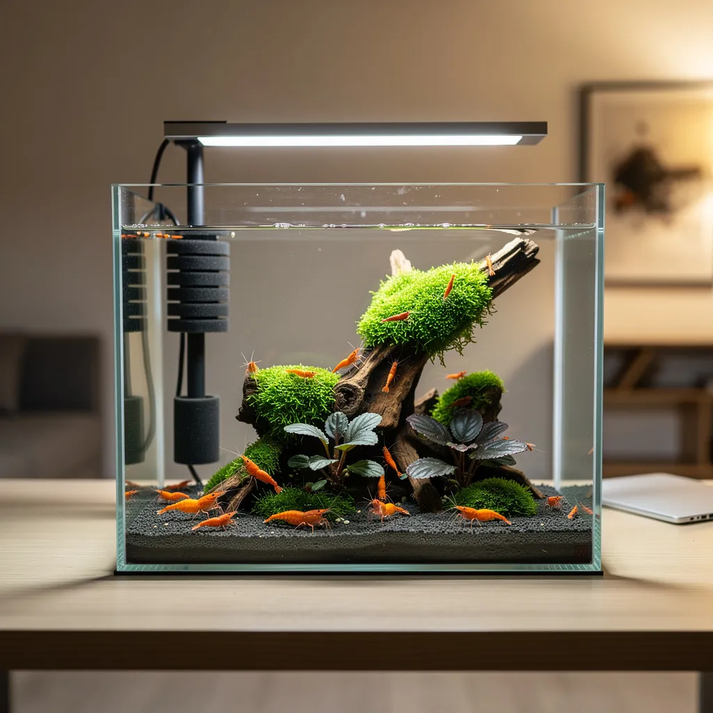 Minimalistisches 20-Liter Nano-Cube als perfektes Einsteiger-Garnelenbecken auf einem Schreibtisch