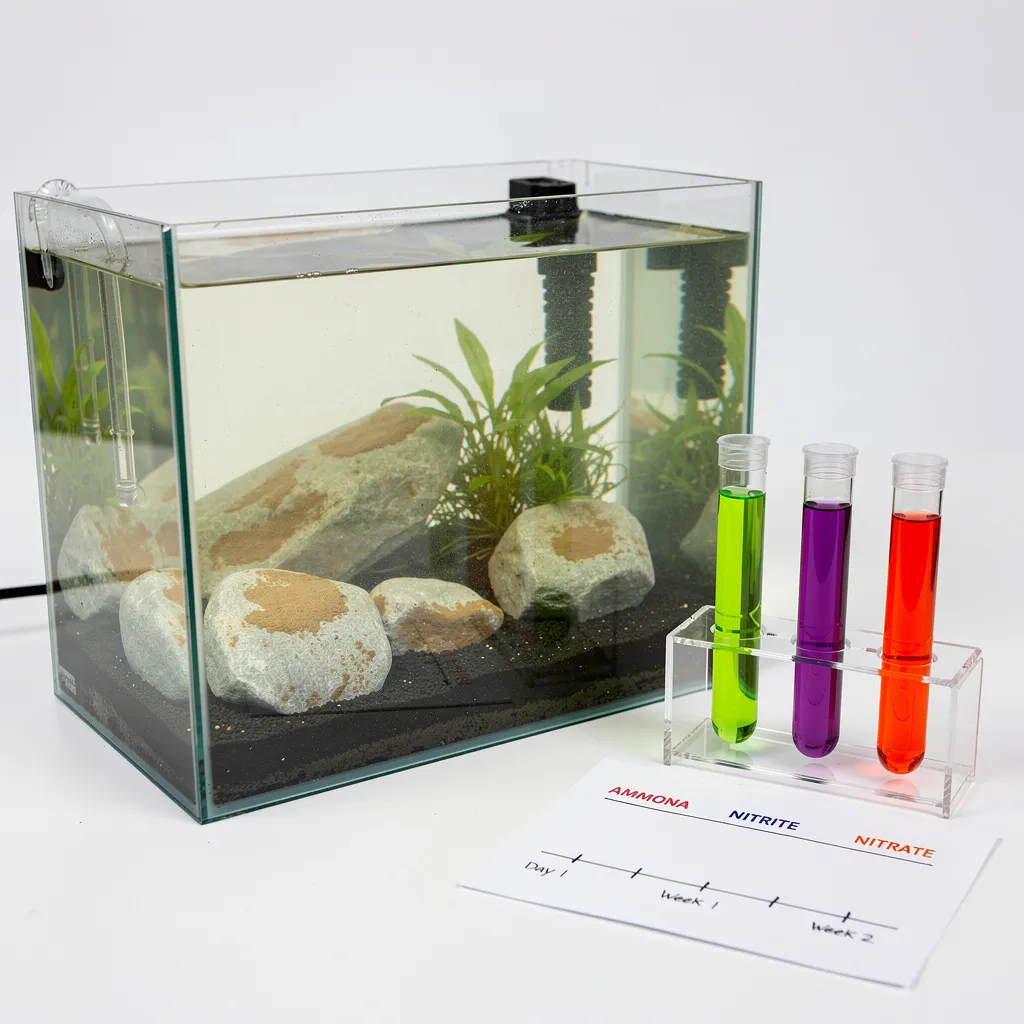 Einfahrphase eines Garnelenbeckens mit Kieselalgen und Wassertests für Ammoniak, Nitrit und Nitrat