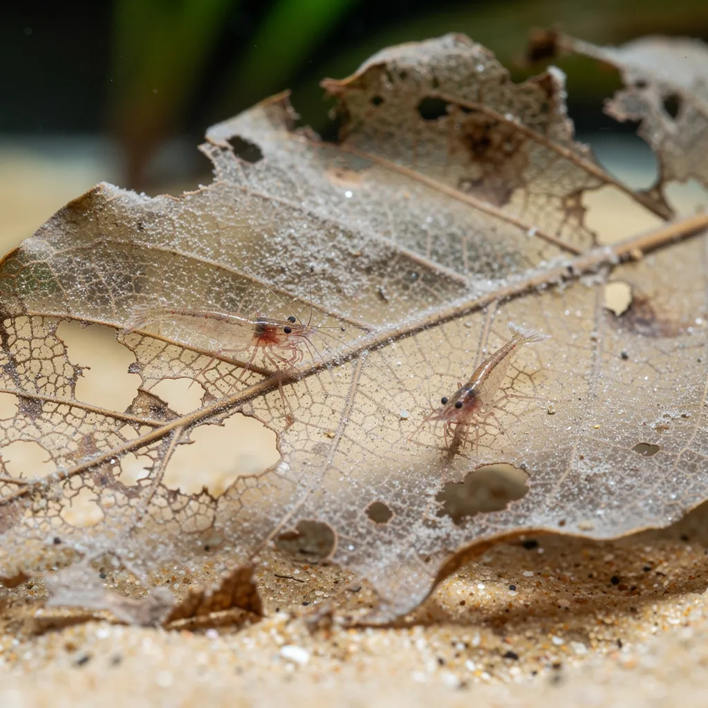 Seemandelbaumblatt mit Biofilm als Nahrungsquelle für winzige Garnelen-Babys