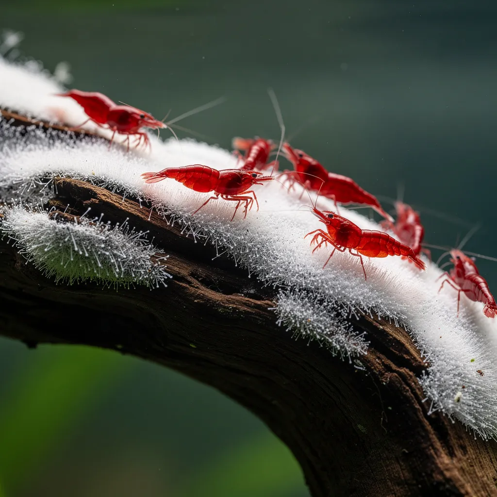 Garnelen fressen den weissen Bakterienbelag auf einer neuen Wurzel im Aquarium