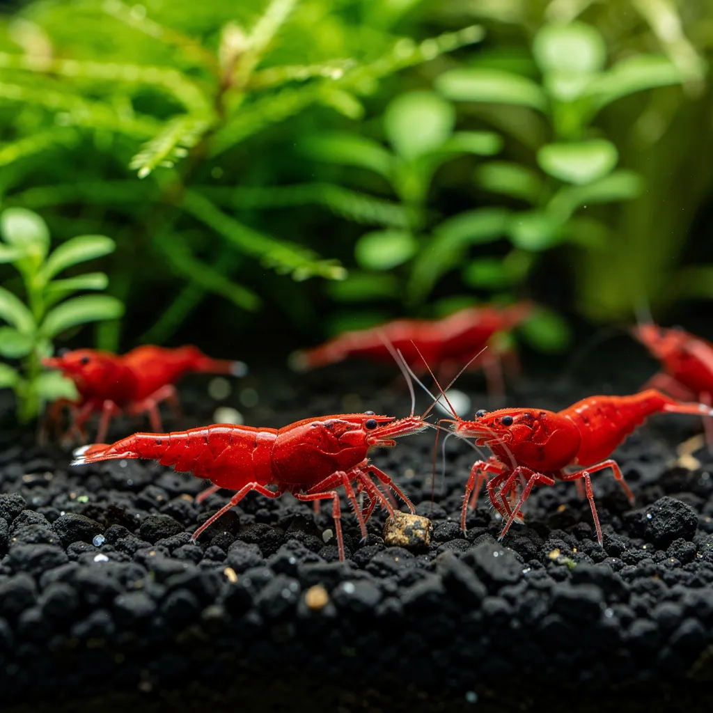 Leuchtend rote Garnelen auf dunklem Bodengrund — Farben kommen perfekt zur Geltung