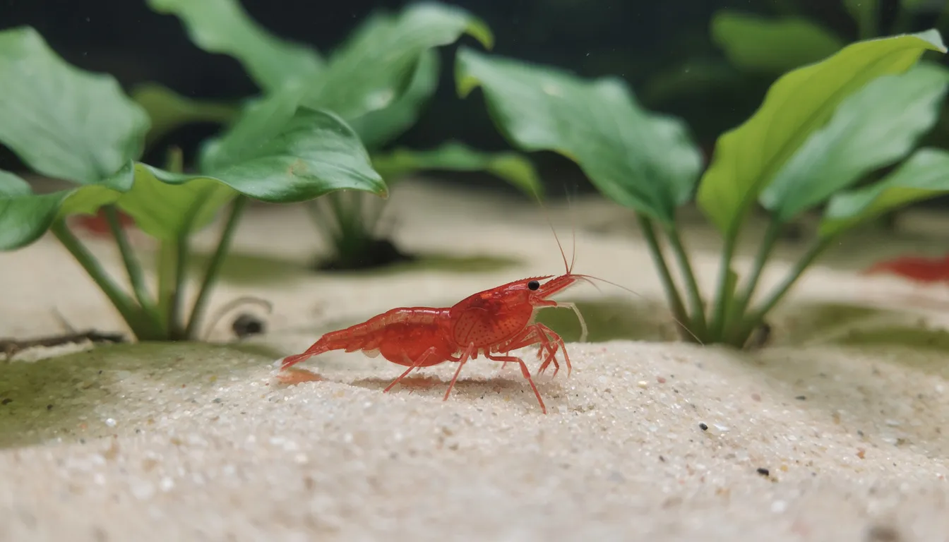Garnelen auf hellem Sandboden mit Cryptocorynen, natürliche Unterwasserszene