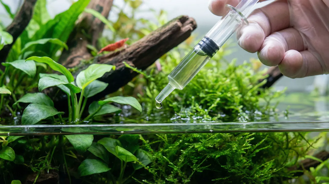 Vorsichtiges Dosieren von Flüssigdünger mit Spritze ins Garnelenaquarium