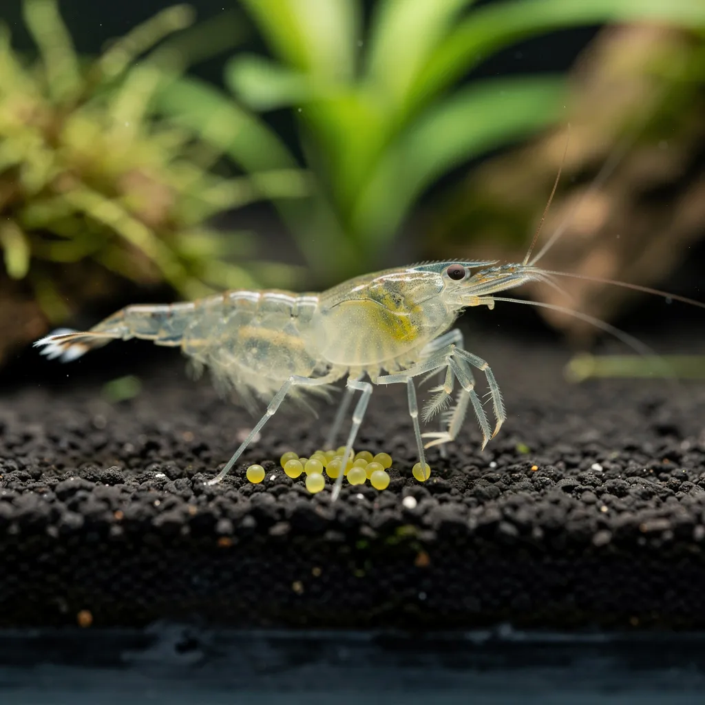 Weibliche Garnele nach Eierverlust mit leeren Schwimmbeinen, abgeworfene Eier auf dem Bodengrund
