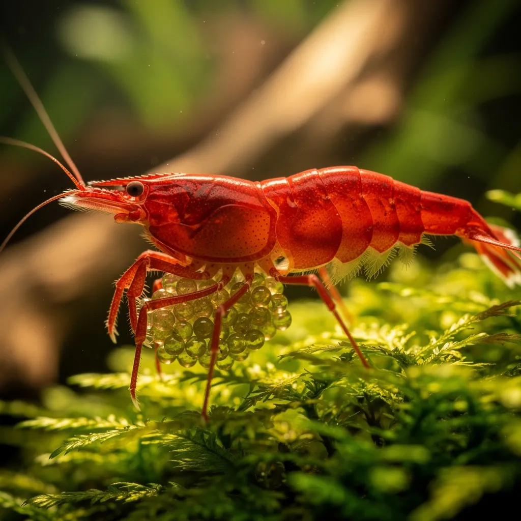 Gesunde tragende Garnele mit vollem Eipaket unter dem Hinterleib, fächelt die Eier auf Moospolster