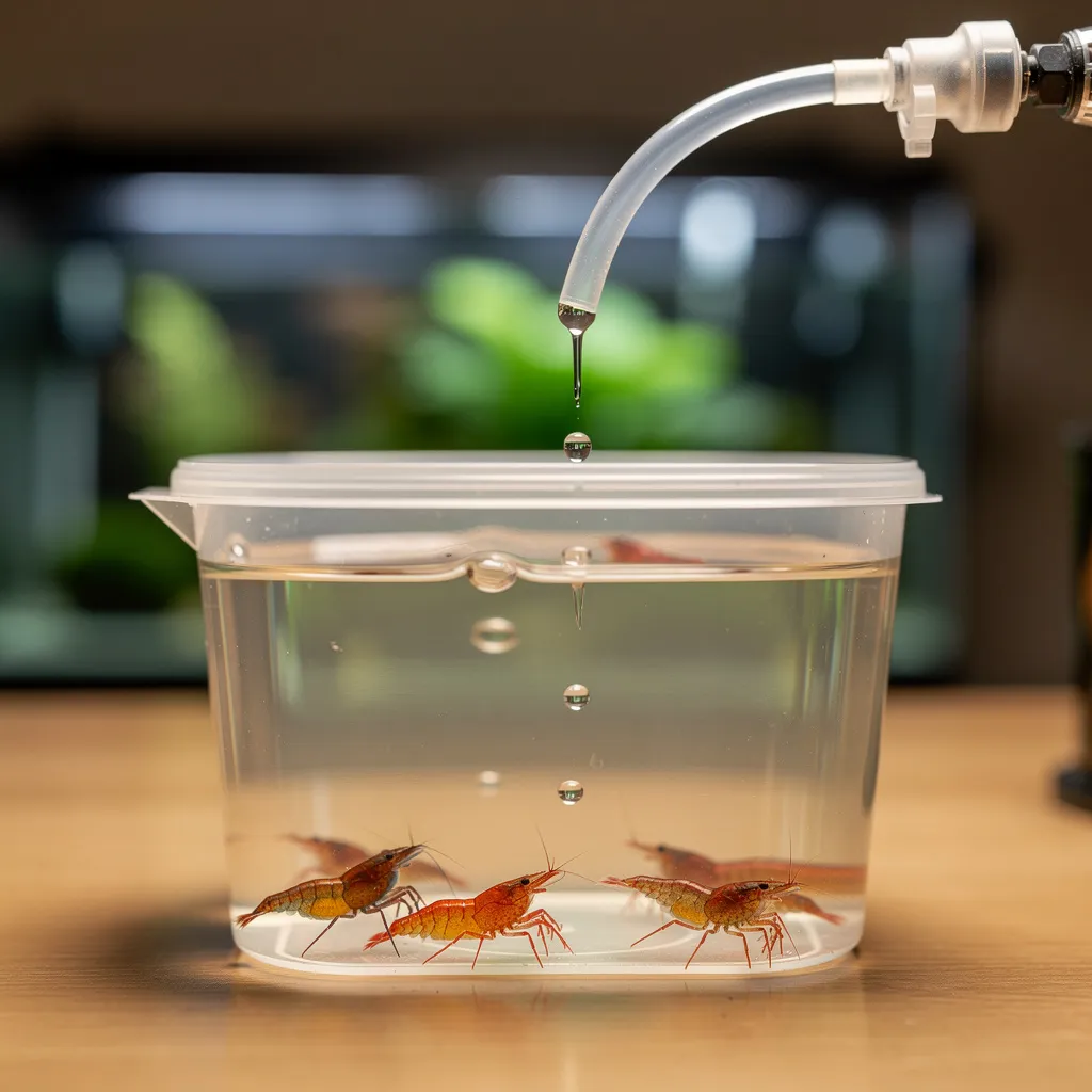 Tröpfchenmethode in Aktion — Garnelen werden langsam an neues Wasser gewöhnt