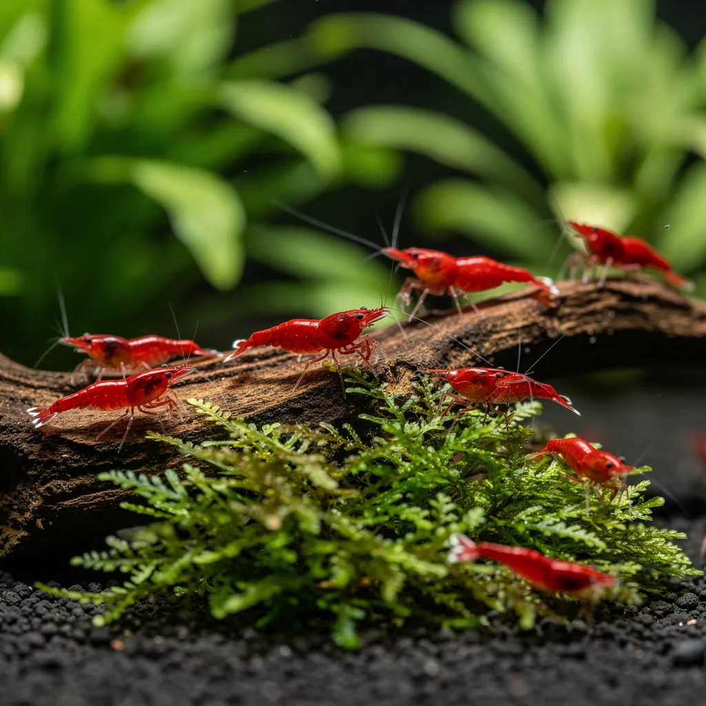 Frisch eingesetzte Garnelen erkunden vorsichtig ihr neues Becken