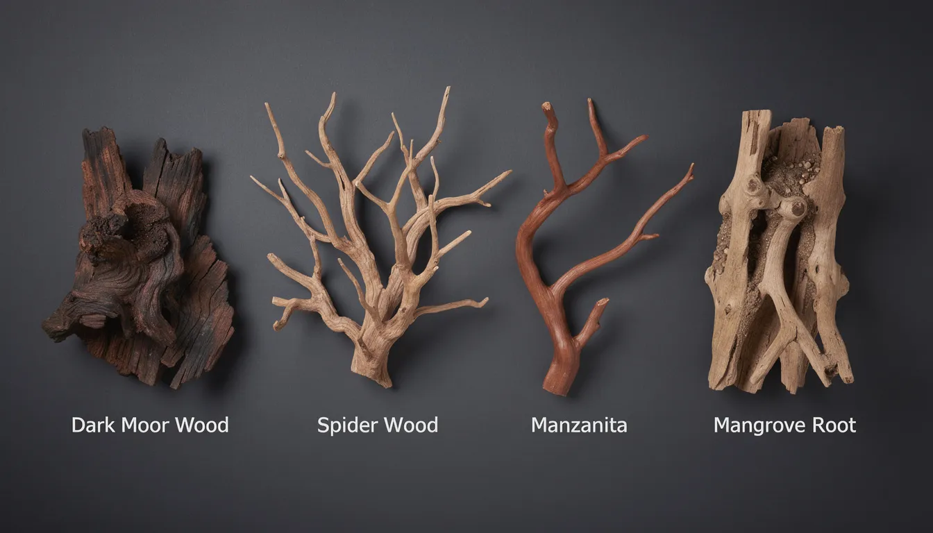 Verschiedene Wurzelholzarten für Aquarien: Moorwurzel, Spiderwood, Manzanita und Mangrove