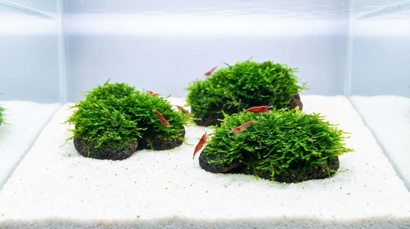 Minimalistisches Moos-Layout mit drei Steinen und Garnelen auf weißem Sand