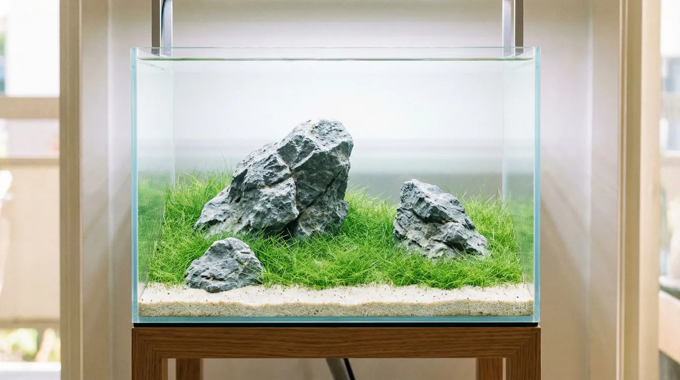 Iwagumi-Nano-Aquarium mit drei Seiryu-Steinen und Bodendecker