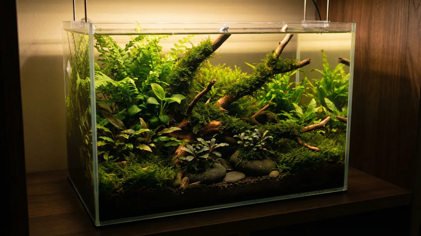 Dschungel-Layout mit vielfältiger Bepflanzung und Verstecken