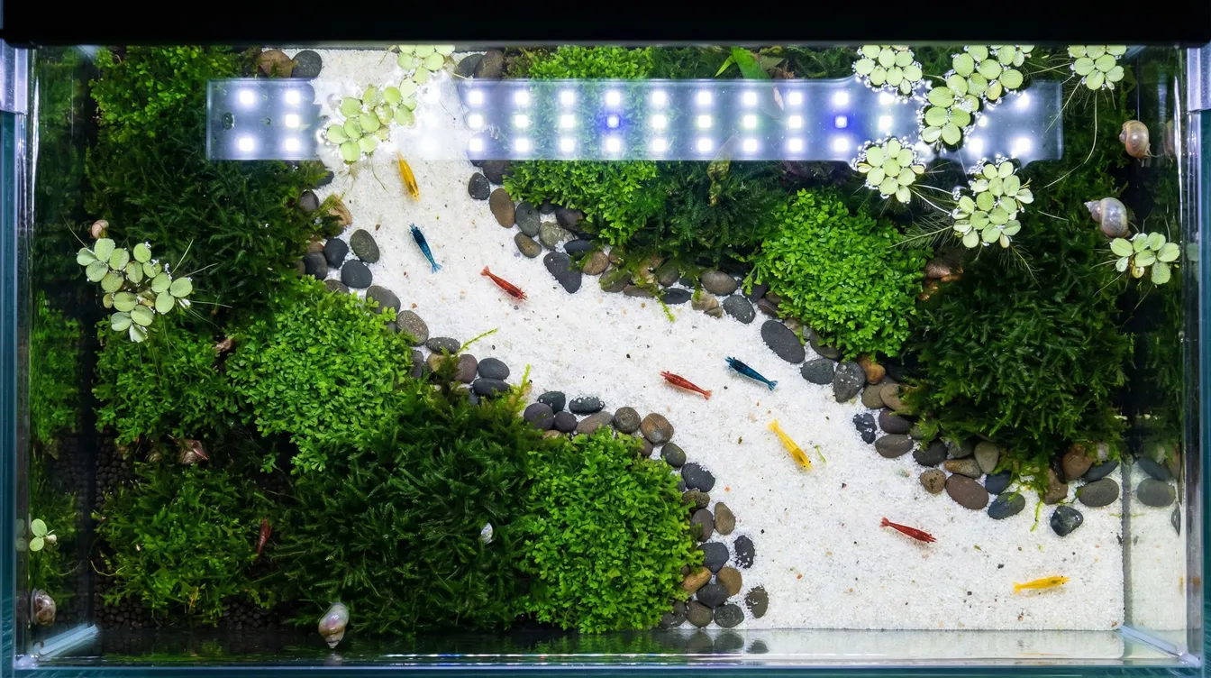 Aquarium-Layout mit gewundenem Sandweg zwischen Moosinseln