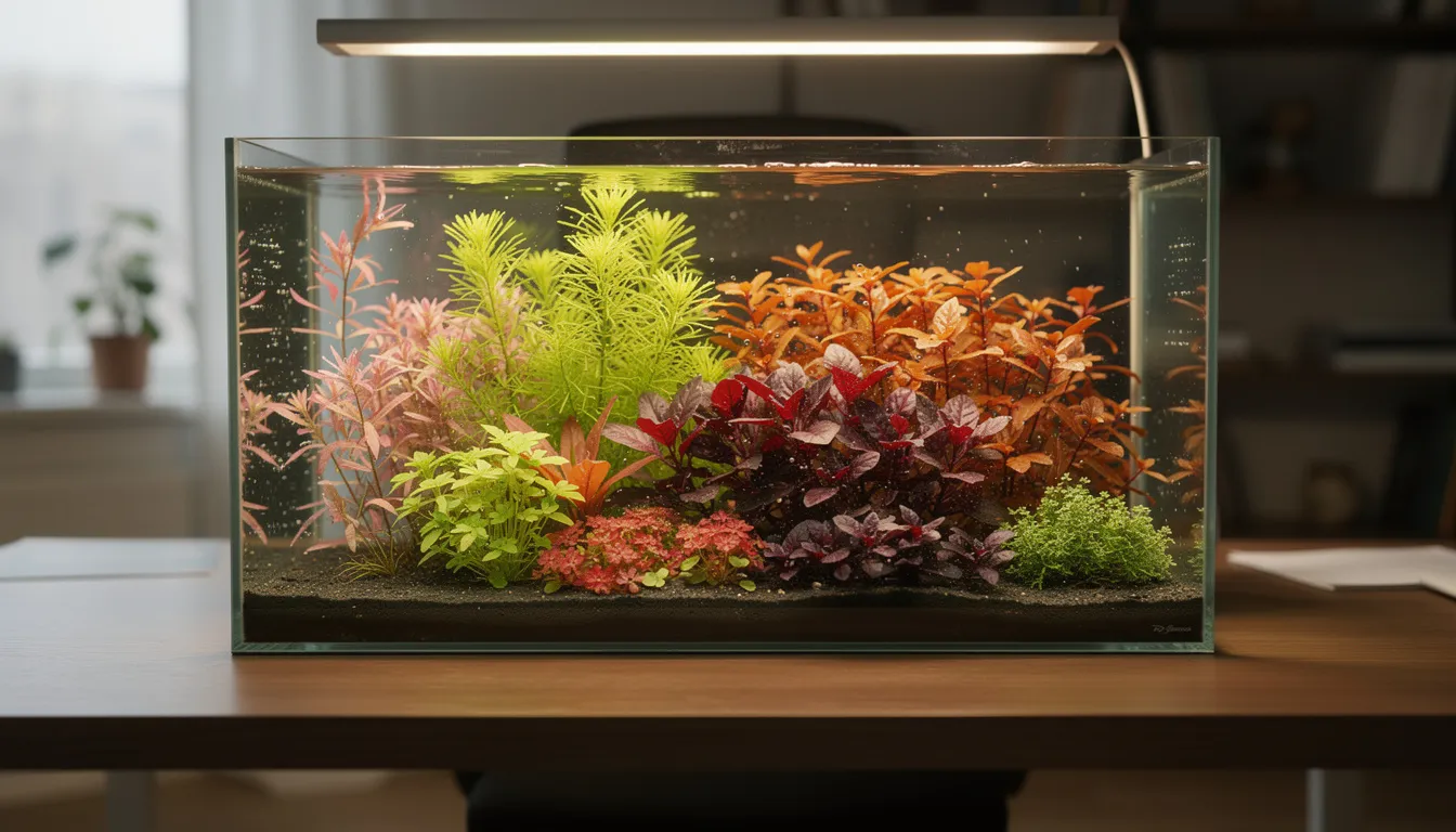 Dicht bepflanztes Nano-Aquarium im Dutch-Style mit verschiedenen Pflanzensorten in farbigen Reihen