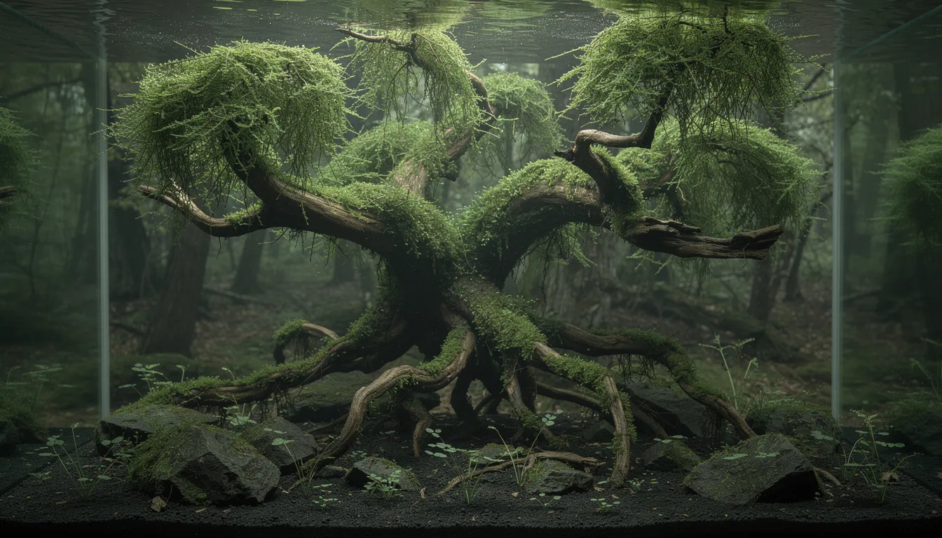 Aquarium mit großer verzweigter Wurzel als Baumkrone, üppig mit Moos bewachsen
