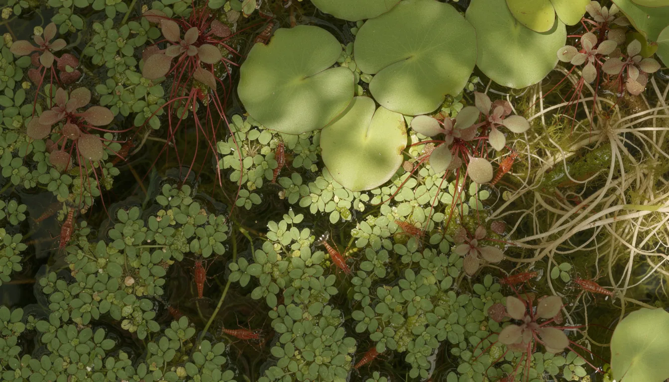 Draufsicht auf Aquarium mit dichter Schwimmpflanzendecke und Garnelen darunter