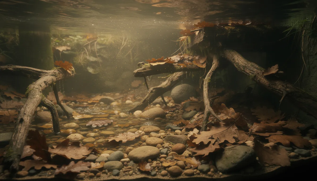 Naturnahes Biotop-Aquarium mit Kieseln, Laubschicht und sanfter Strömung wie ein Waldbach