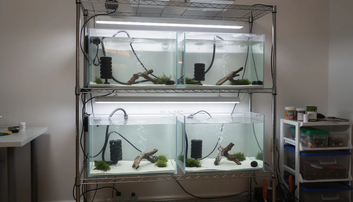 Funktionales Zuchtbecken-Regal mit sechs Aquarien, Schwammfiltern und LED-Beleuchtung