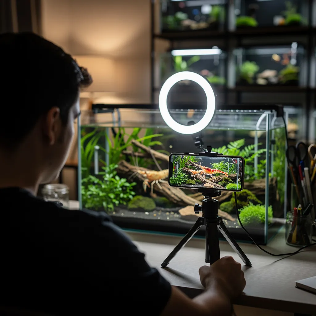 Person filmt Garnelenaquarium mit Smartphone auf Stativ für Social Media Livestream