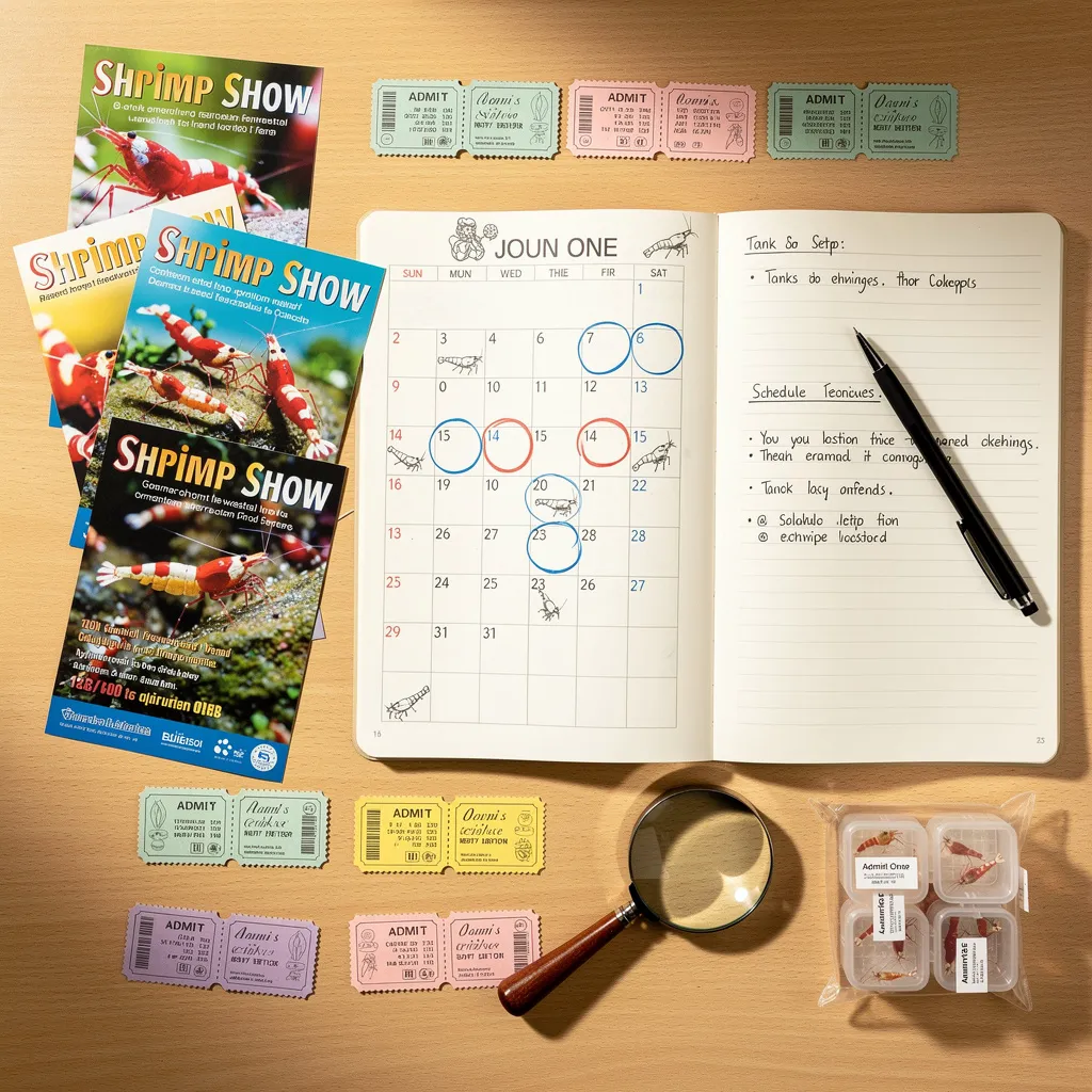 Flatlayansicht mit Kalender, Event-Flyern, Notizbuch und Transportbehältern für Garnelenbörsen