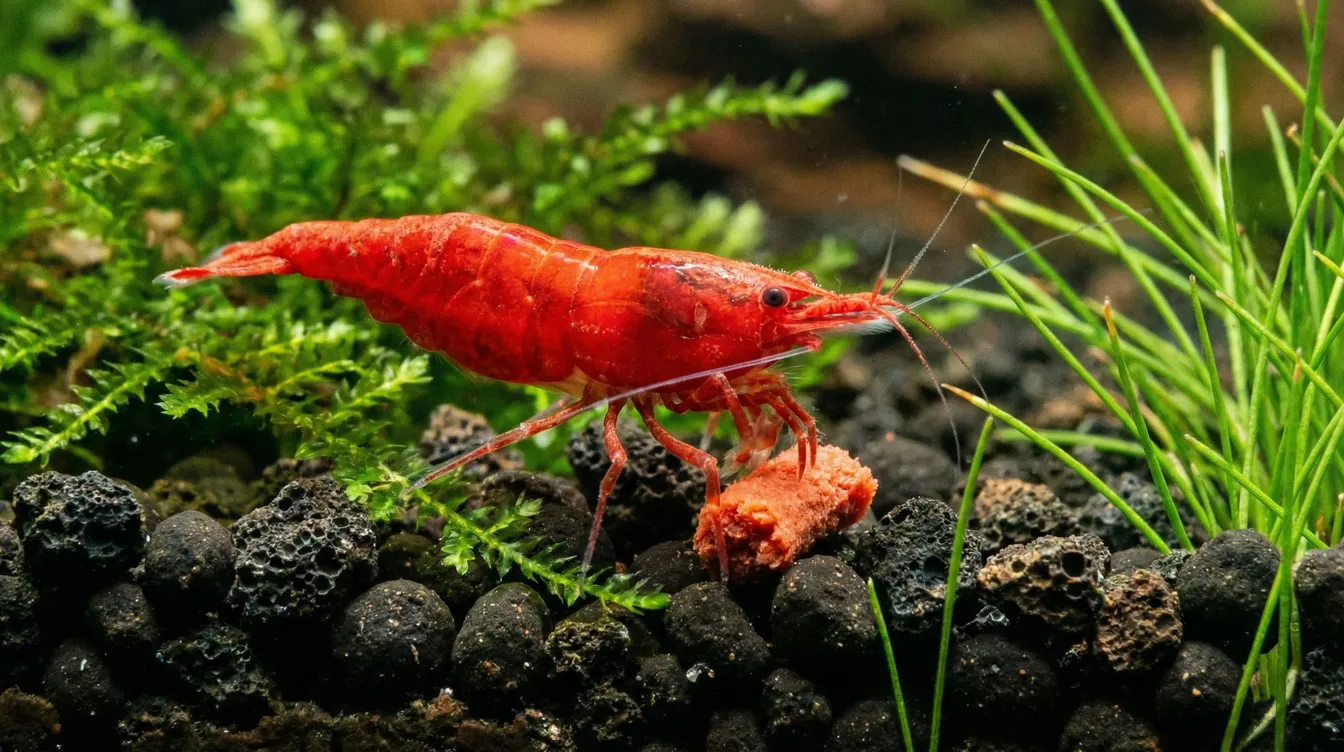 Intensiv gefärbte Red Fire Garnele frisst farbverstärkendes Futter