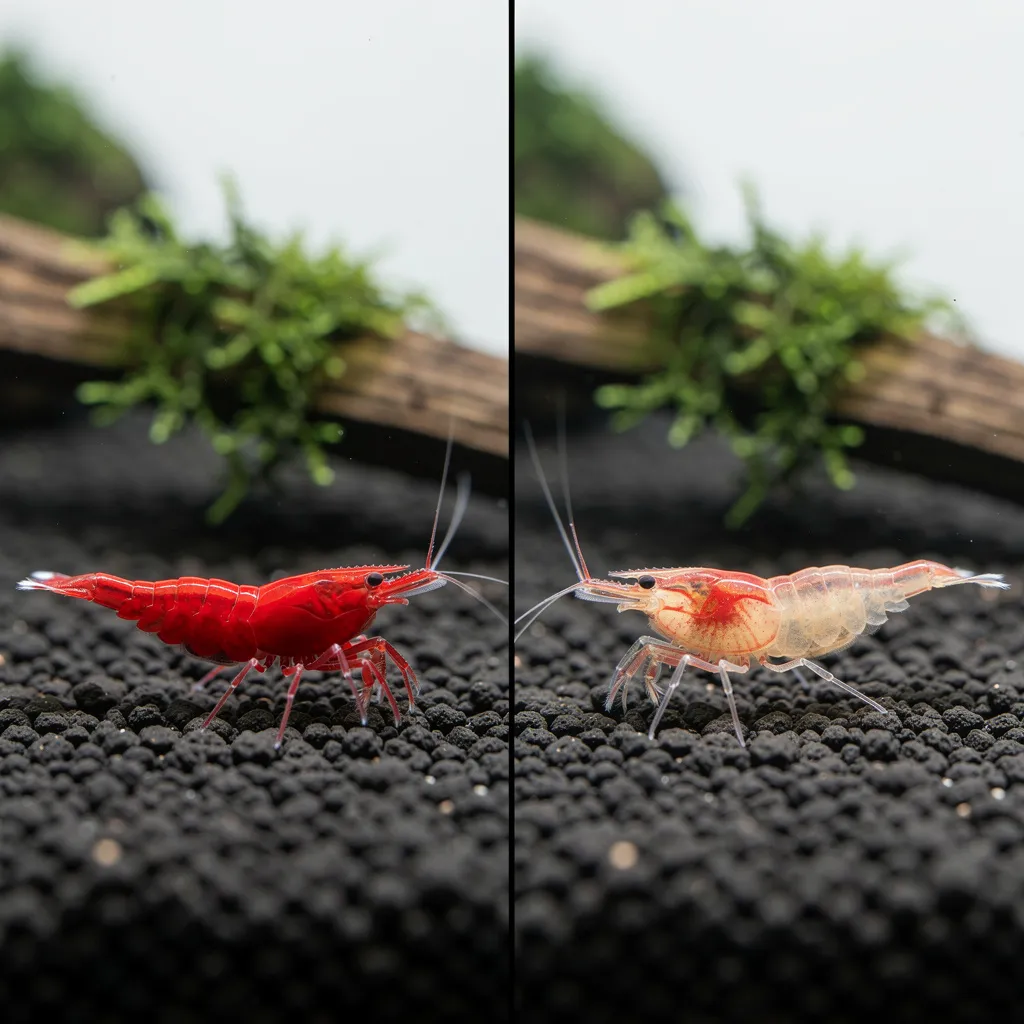 Farbvergleich: Intensiv rote vs. blasse Garnele — Stress mindert die Farbintensität
