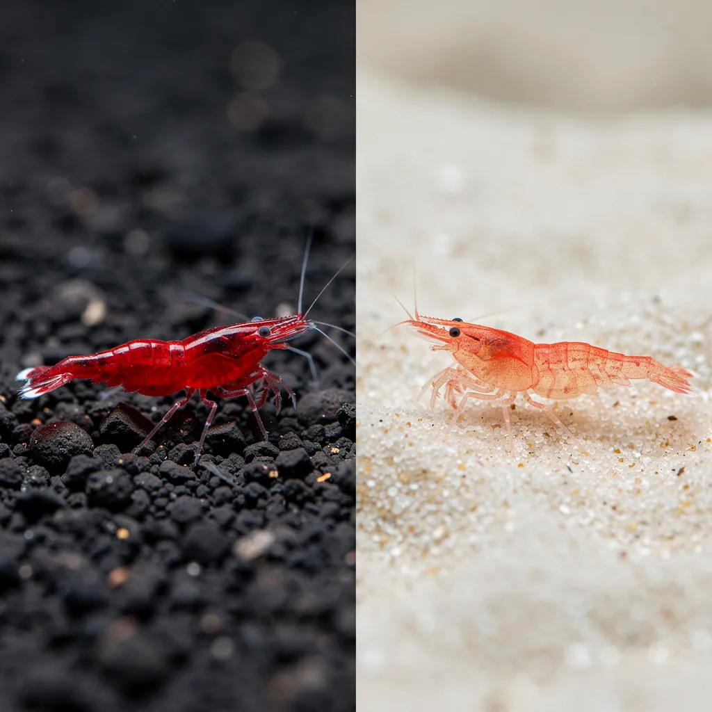Farbvergleich: Rote Neocaridina auf dunklem Soil leuchtend intensiv, auf hellem Sand deutlich blasser