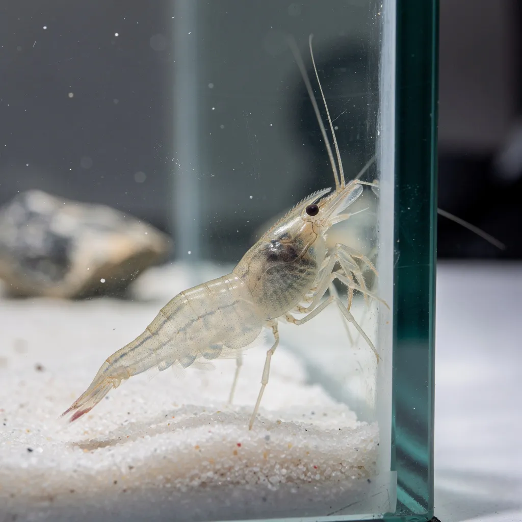 Gestresste blasse Garnele mit zusammengezogenen Chromatophoren zeigt wie Stress die Färbung mindert