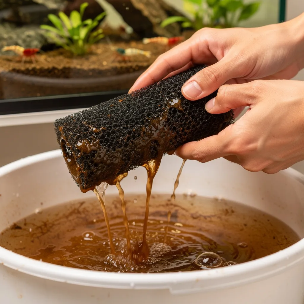 Schwammfilter wird im Altwasser gereinigt — schonende Filterpflege für Garnelen