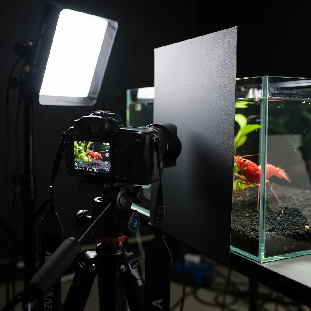 Aquarienfotografie-Setup: Kamera mit Makroobjektiv, schwarze Pappe gegen Spiegelungen, LED-Licht