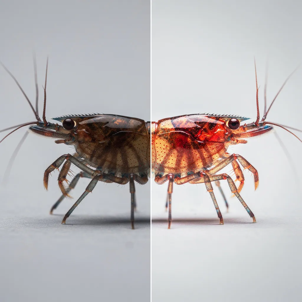 Vorher-Nachher-Vergleich der Bildbearbeitung eines Garnelenfotos: Rohbild und bearbeitetes Ergebnis