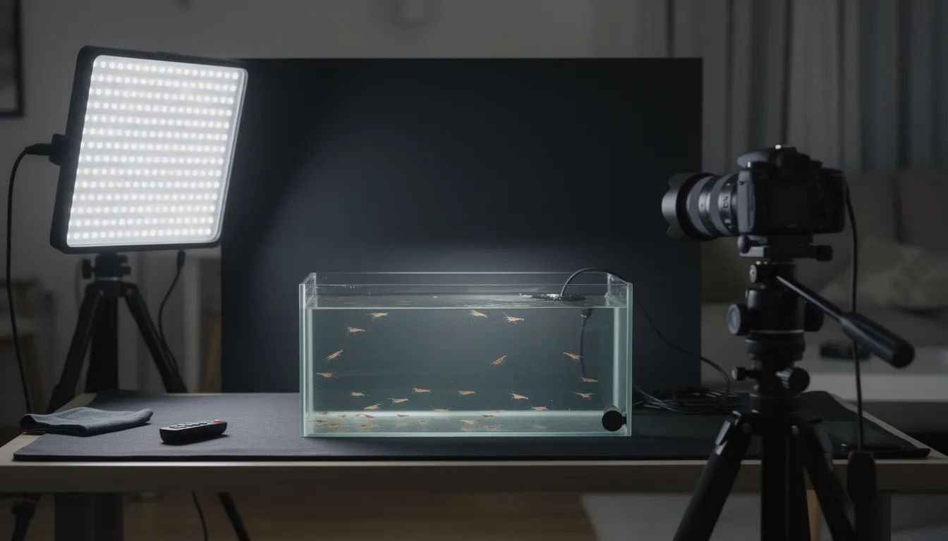 Garnelen-Fotografie-Setup: LED-Panel als Seitenlicht, dunkler Hintergrund und Stativ