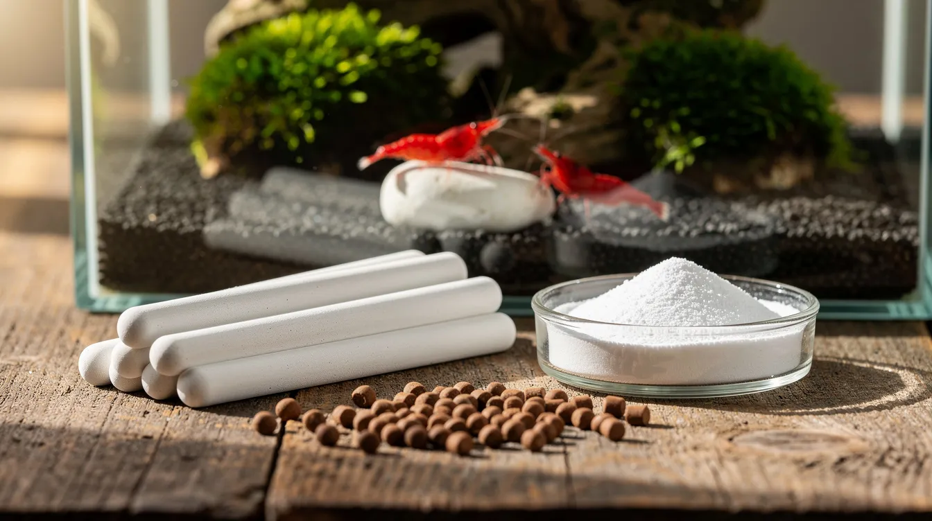 Wöchentlicher Fütterungsplan für Garnelen: sieben Schälchen mit verschiedenen Futterarten und Fasttagen