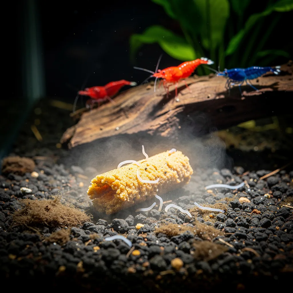 Anzeichen von Überfütterung: verrottendes Futter, trübe Stellen und Planarien im Garnelenbecken