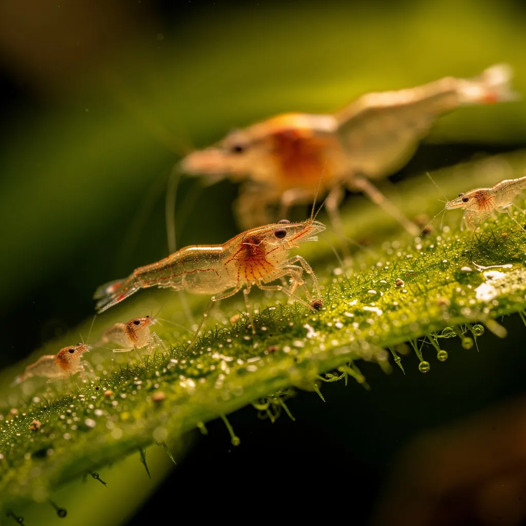Winzige Baby-Garnelen grasen Biofilm von Javamoos — Biofilm als lebenswichtige Nahrungsquelle