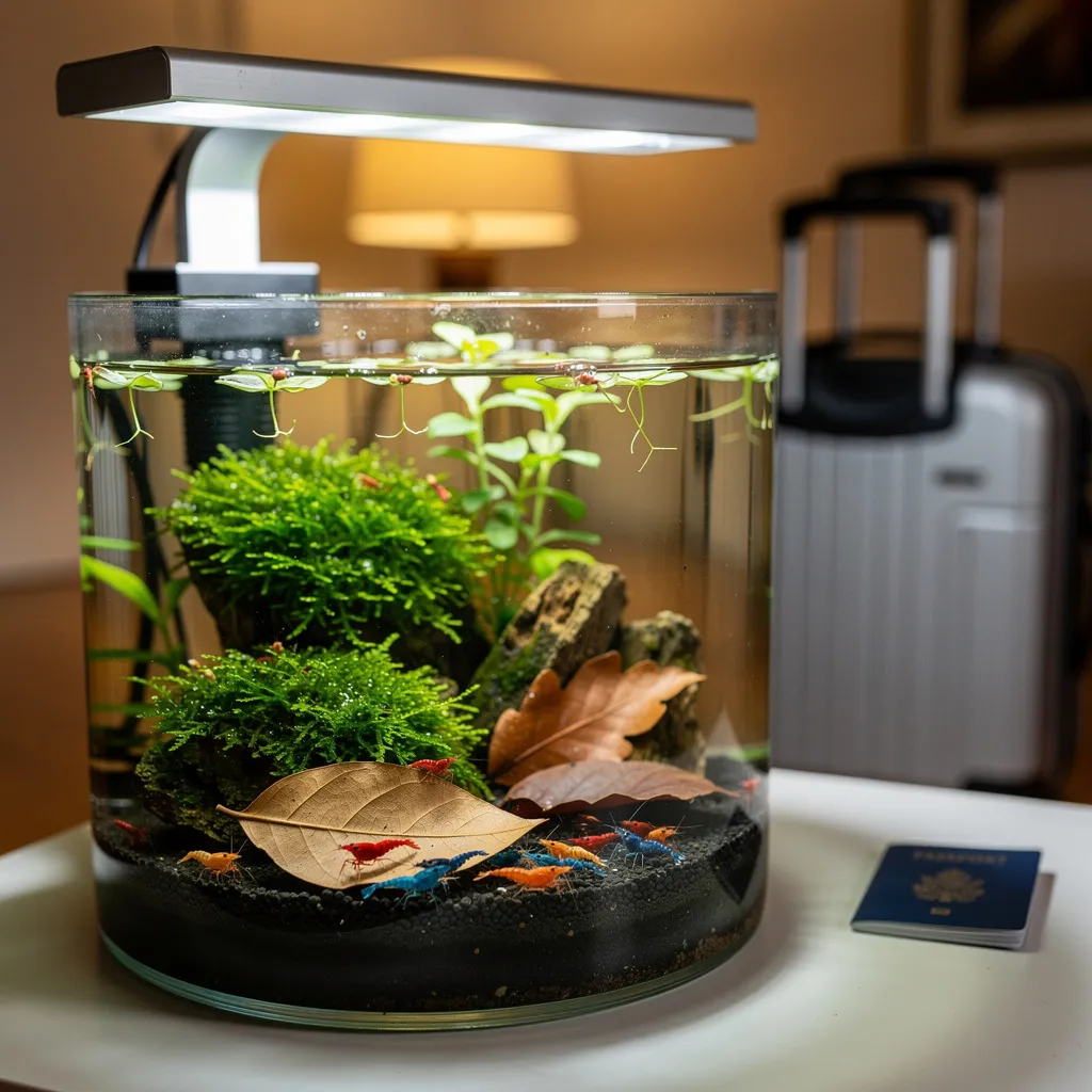 Garnelenbecken vorbereitet für den Urlaub: Seemandelbaumblätter als Langzeitfutter und Zeitschaltuhr