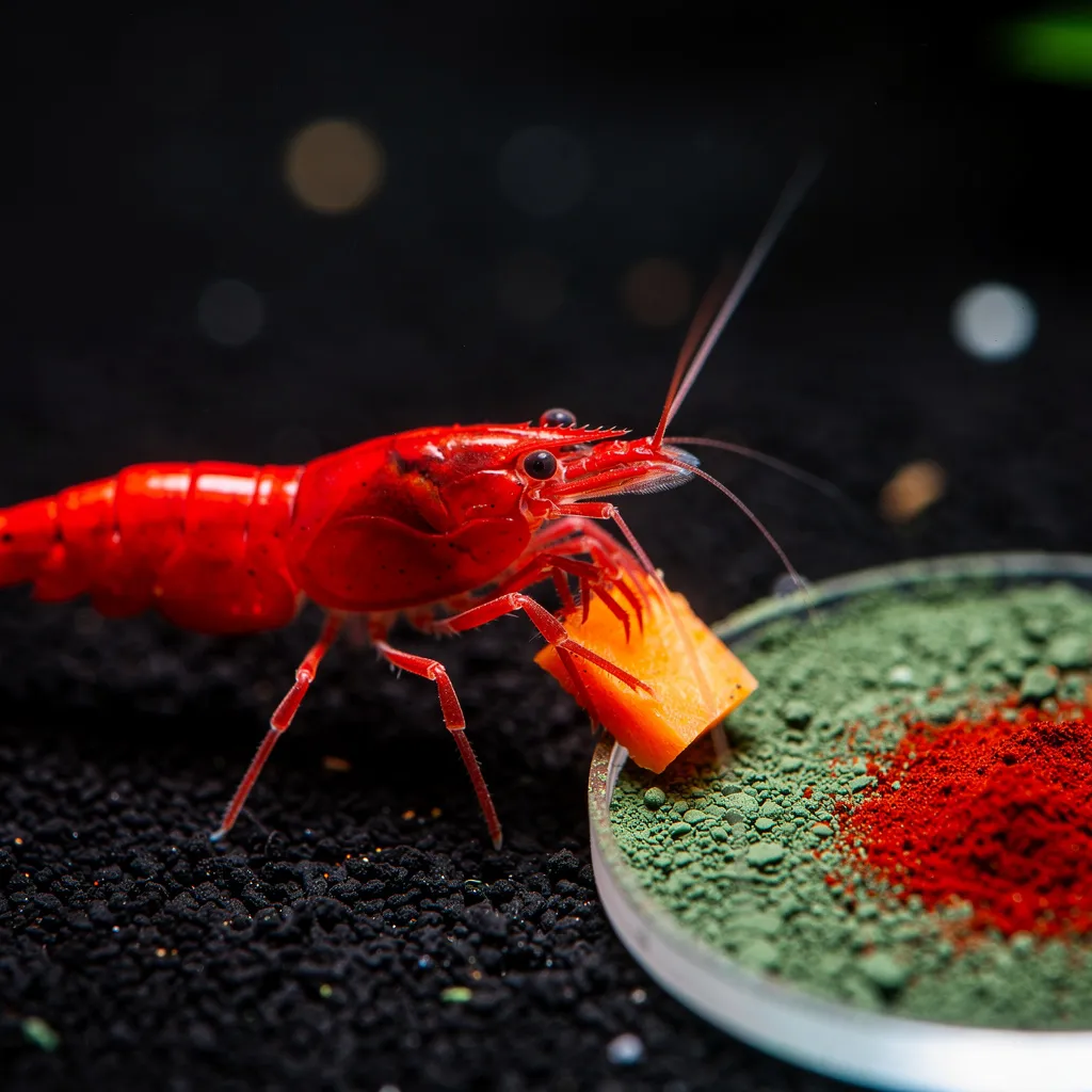 Painted Fire Red Garnele frisst Möhrenstück — natürliche Farbverstärkung durch Carotinoide