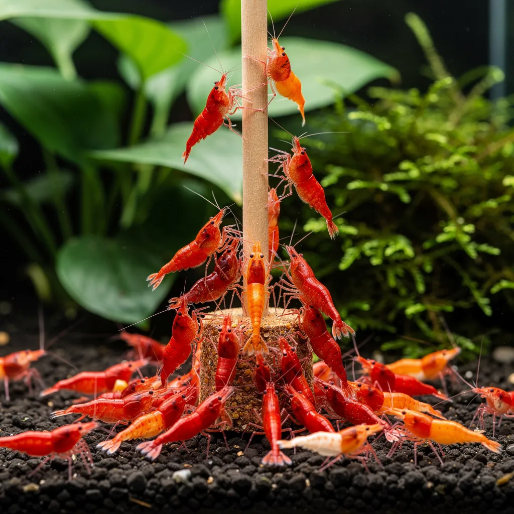 Garnelen-Fütterungsfrenzy am Food-Lolly: zahlreiche Neocaridina drängen sich ums Futter