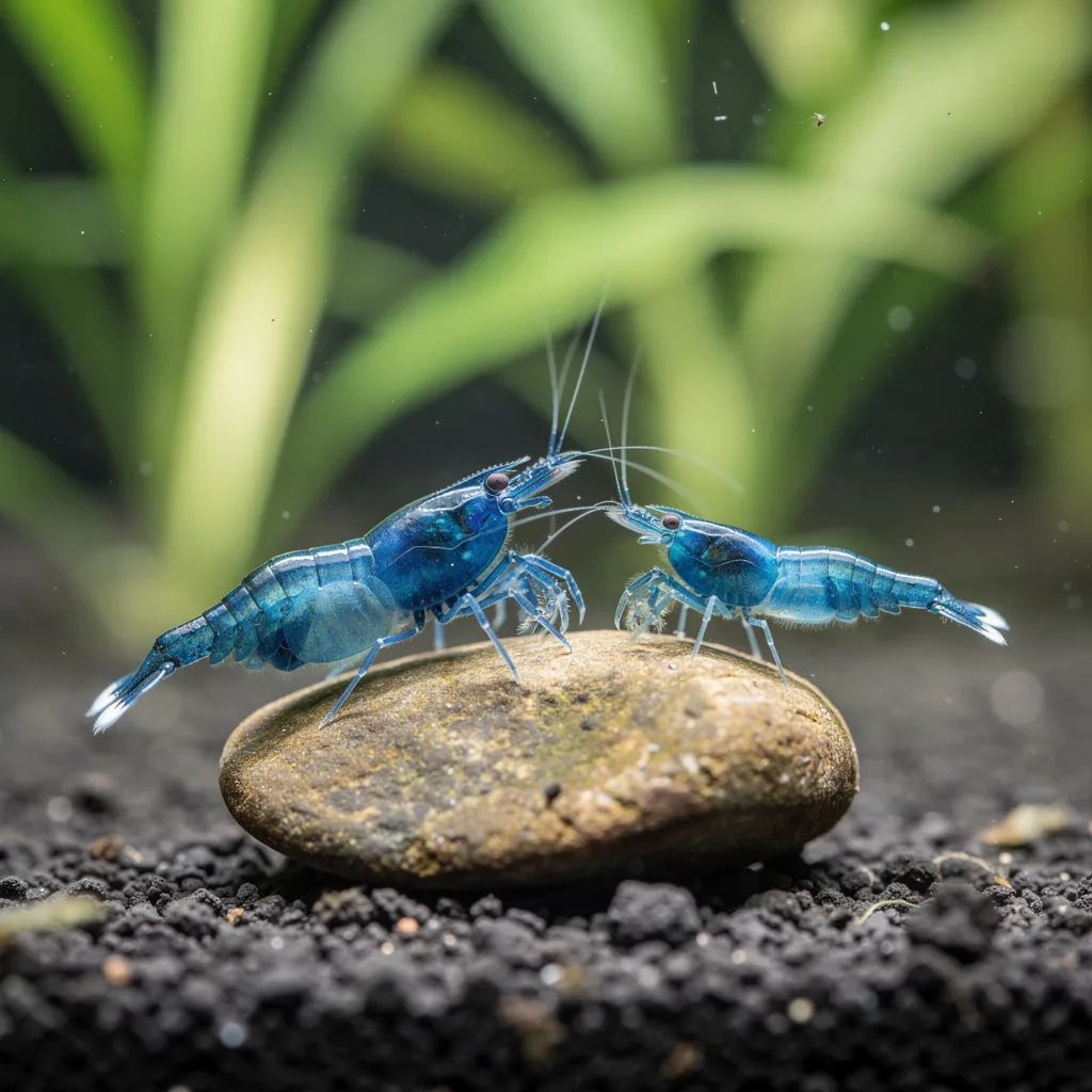 Größenvergleich zwischen grossem Neocaridina-Weibchen und kleinem Männchen bei Blue Dream