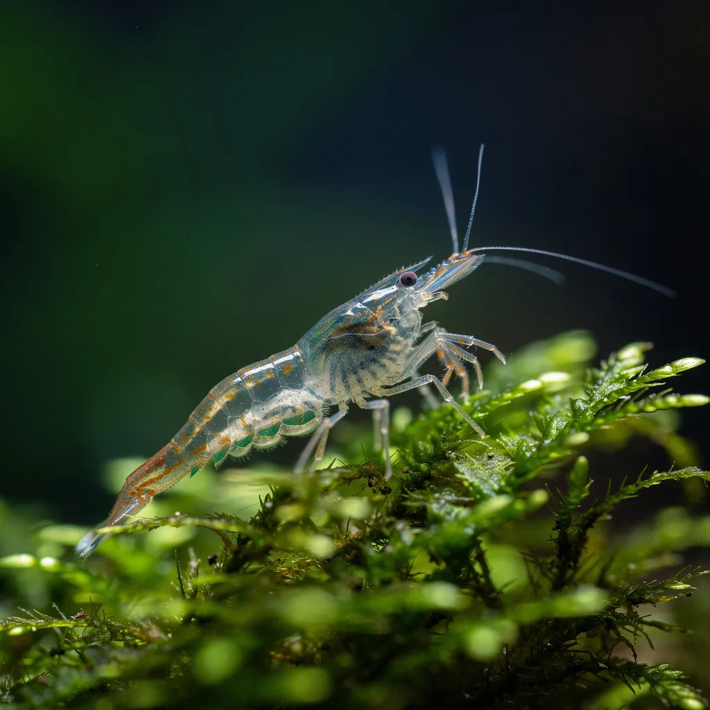 Junge Neocaridina mit erstem Sattelansatz bei etwa 12 Wochen als Zeichen der Geschlechtsbestimmung