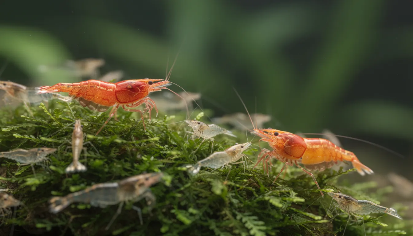 Garnelenkolonie mit erkennbarem Größenunterschied: grosse bunte Weibchen und kleinere Männchen