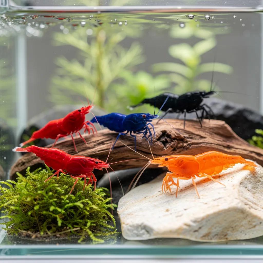 Artenvielfalt: Fire Red, Blue Velvet, Orange Sakura und Black Rose Neocaridina im bepflanzten Becken