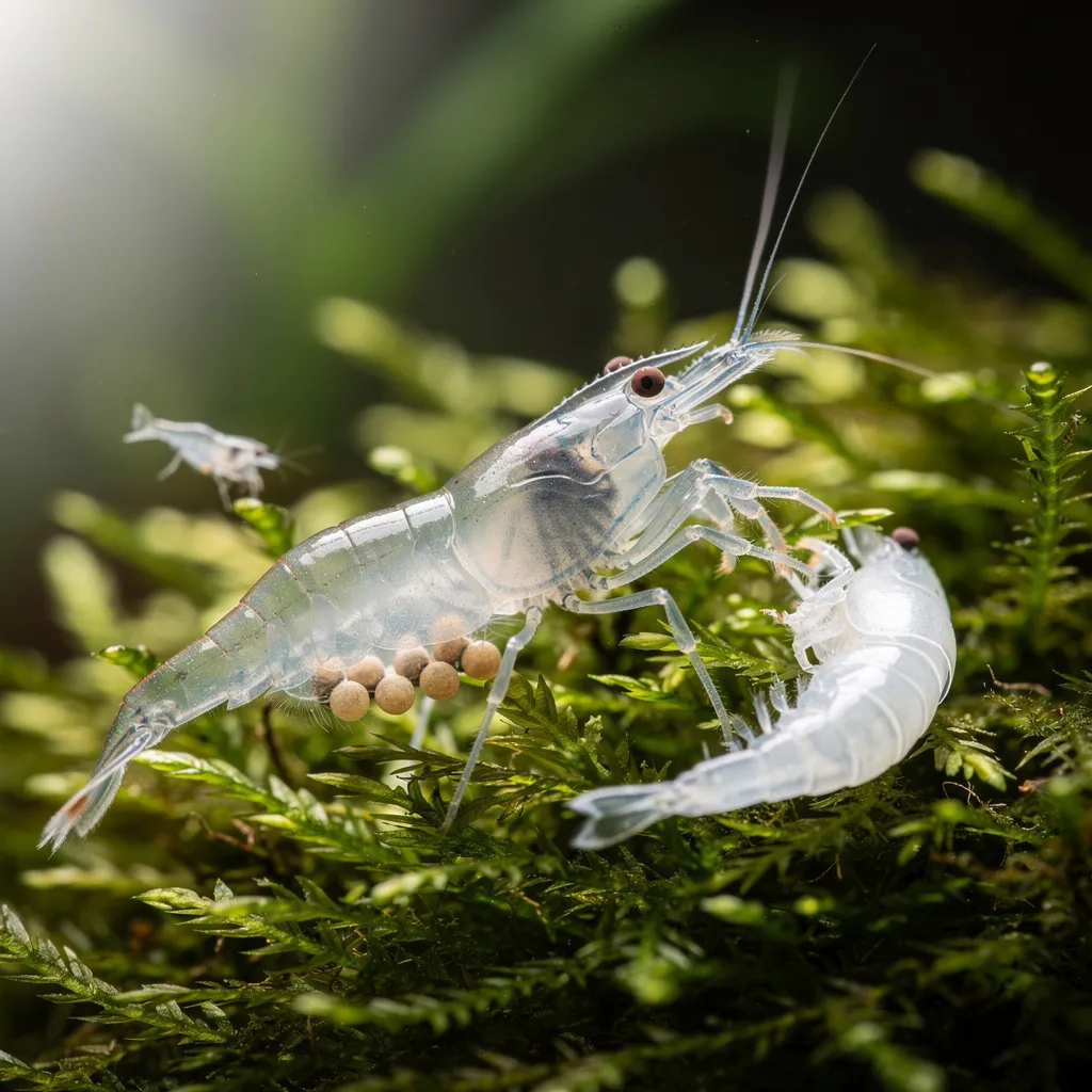 Tragendes Neocaridina-Weibchen mit Eiern neben Häutung und winzigem Jungtier auf Weihnachtsmoos