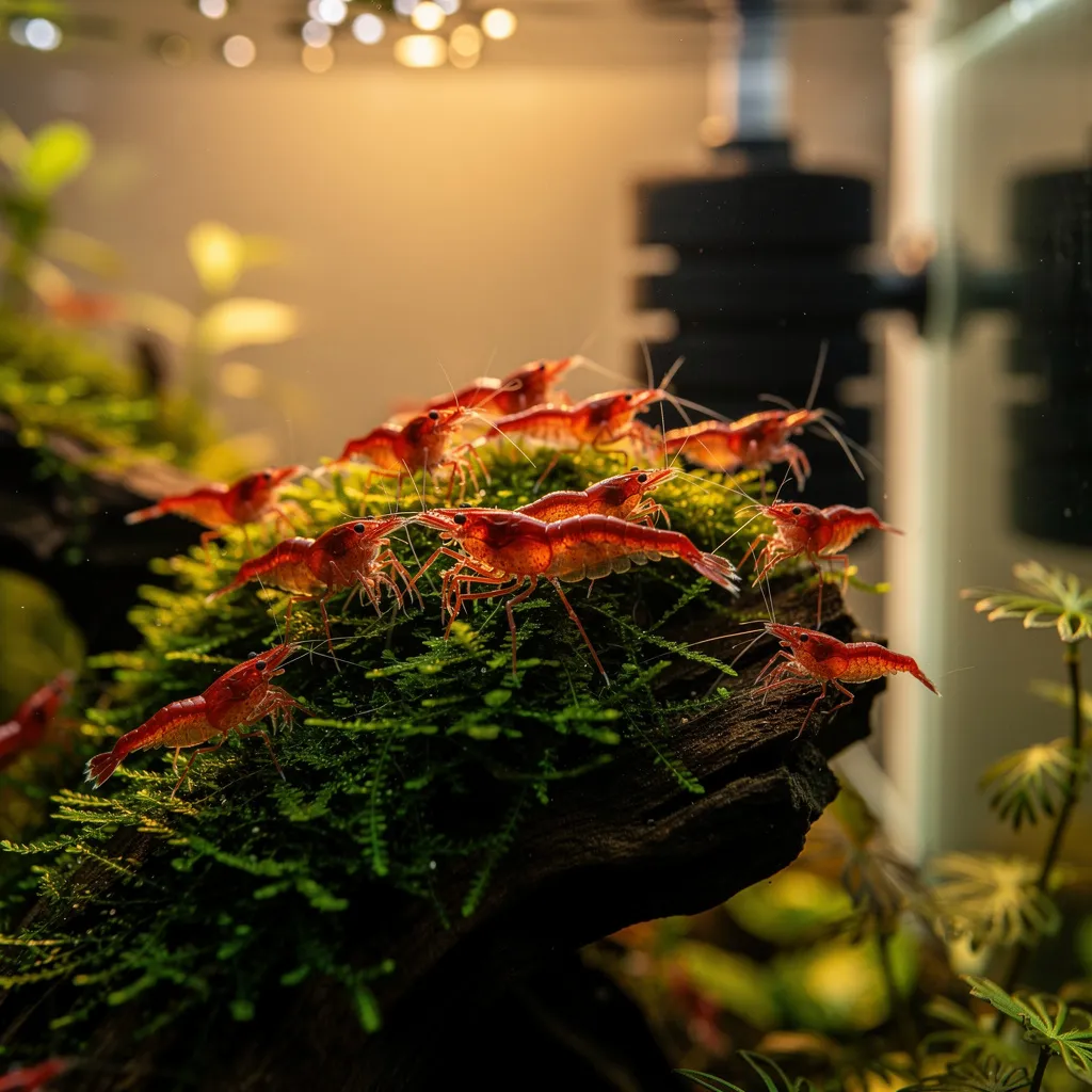 Kolonie roter Neocaridina-Garnelen beim Grasen auf Javamoos in einem bepflanzten Nano-Aquarium