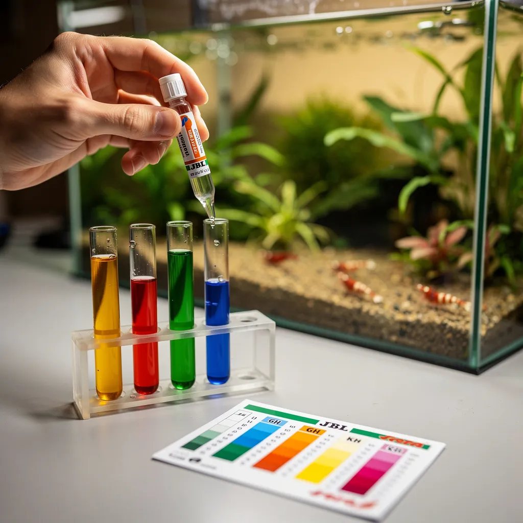 Wasserwerte messen mit Tröpfchentest-Kit vor einem Garnelenbecken mit Neocaridina