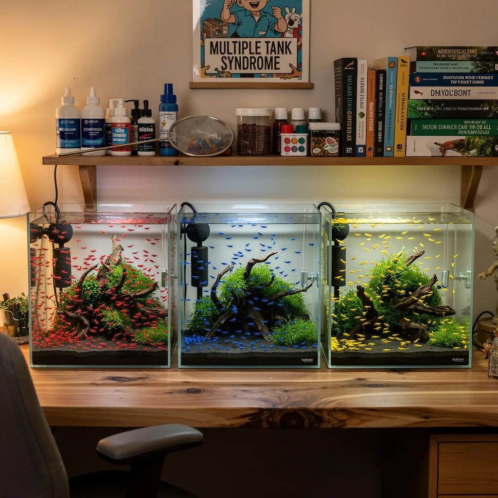 Drei Nano-Garnelenbecken nebeneinander mit verschiedenen Neocaridina-Farbvarianten auf einem Regal