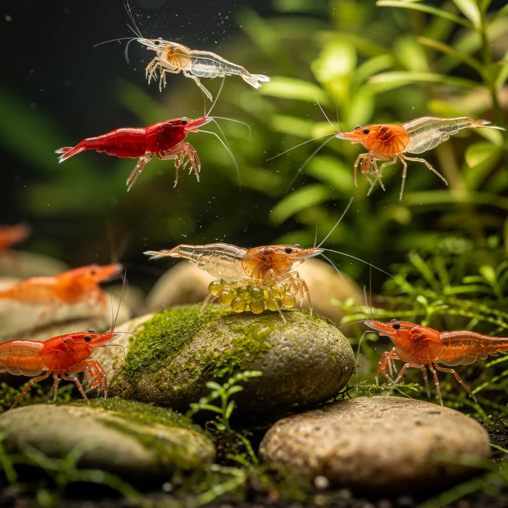 Gruppe Neocaridina-Garnelen zeigt natürliches Sozialverhalten im bepflanzten Aquarium