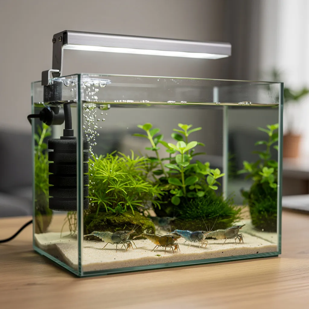 Minimalistisches Nano-Garnelenbecken mit Schwammfilter und LED zeigt funktionierendes Low-Tech-Setup