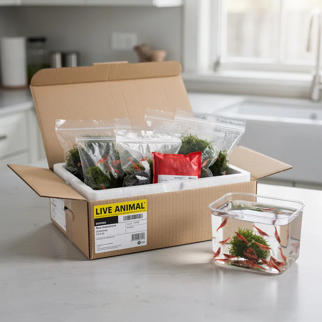Auspacken einer Garnelenlieferung: Styroporbox mit einzeln verpackten Beuteln und Heatpack