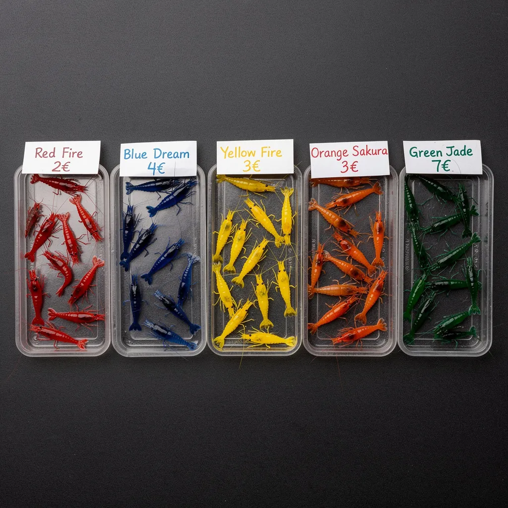 Preisvergleich verschiedener Neocaridina-Farbvarianten in kleinen Behältern mit Preisschildern